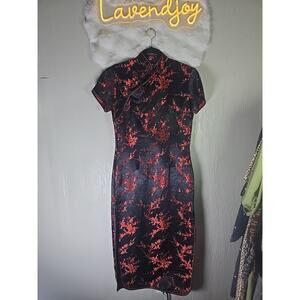 Yi Fang Satin Asian Cheongsam Dress Womens 4-6 Black Red Long Slits Formal